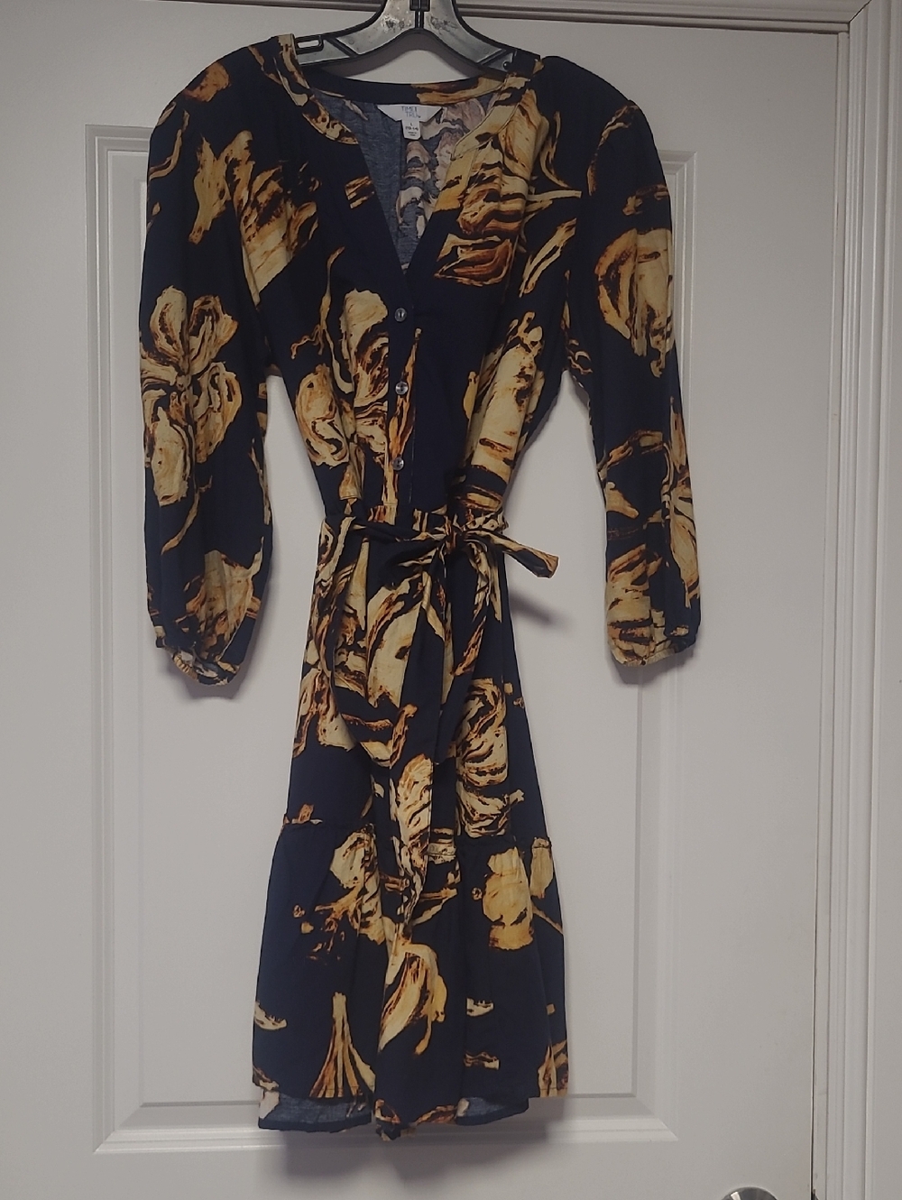 Time and Tru Navy Blue and Yellow Floral Tie-Waist Long Sleeve Dress